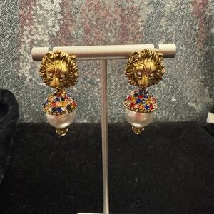 Gucci Marmont Gold Lion Head Pearl Drop Earrings